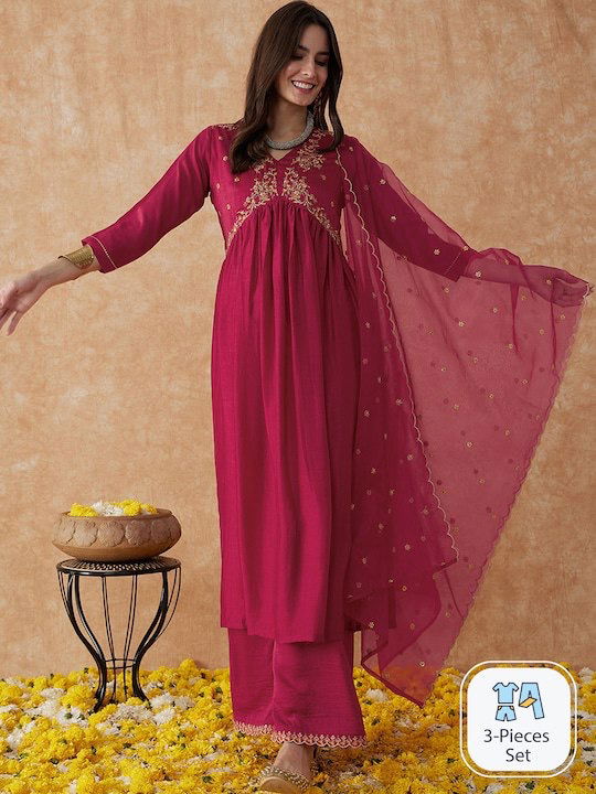 Manasvi Embroidery Vichira Silk Alia Cut Kurti With Bottom Dupatta
